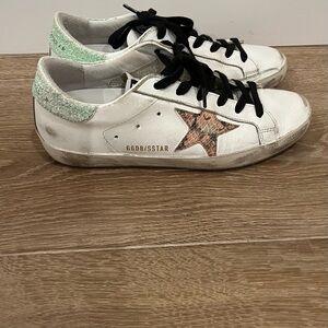 Golden Goose Superstar Sneakers with Mint Glitter Heel & Snakeskin Star
